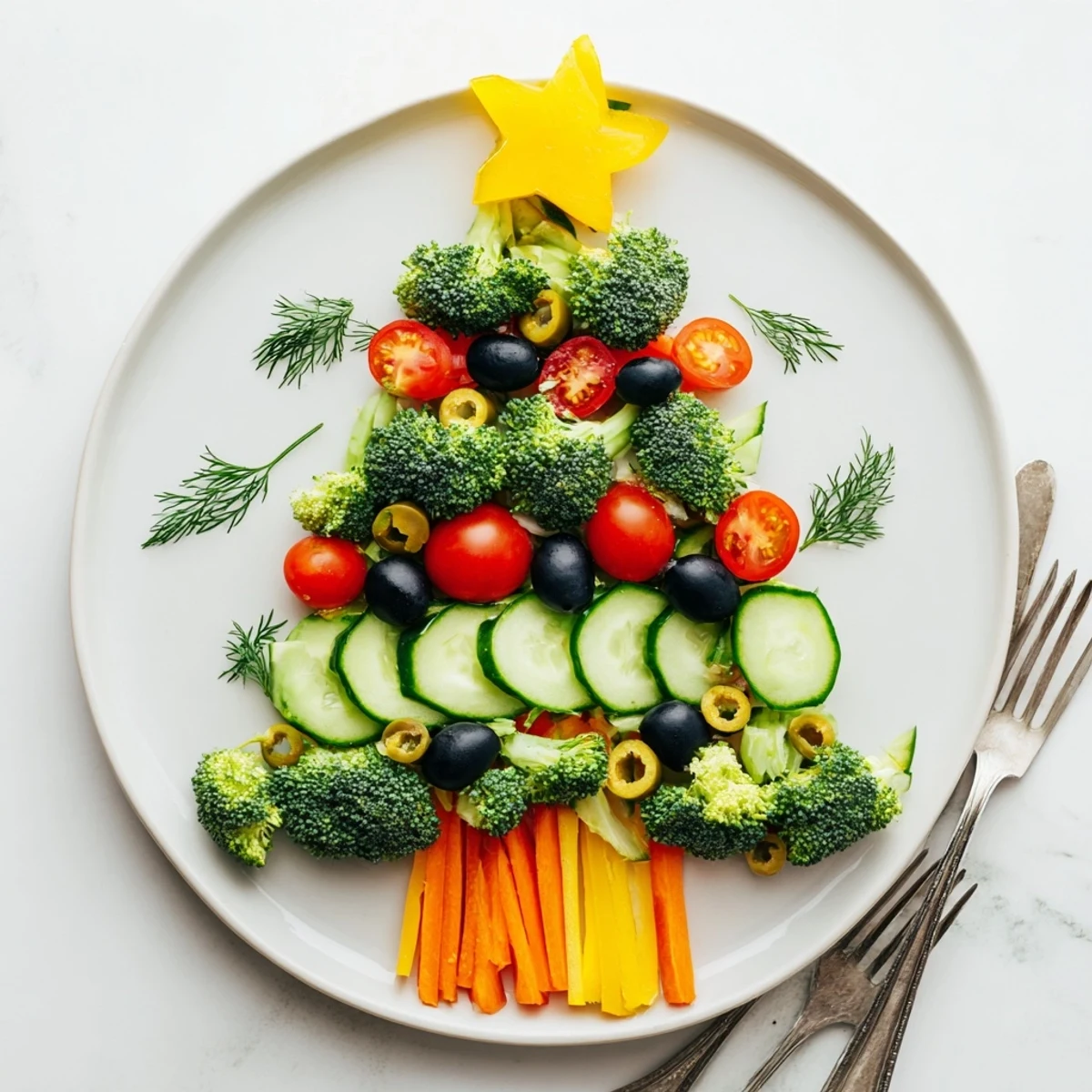 This colorful Festive Tree Cucumber Tomato Platter features a star topper, vegetables, and refreshing flavor.