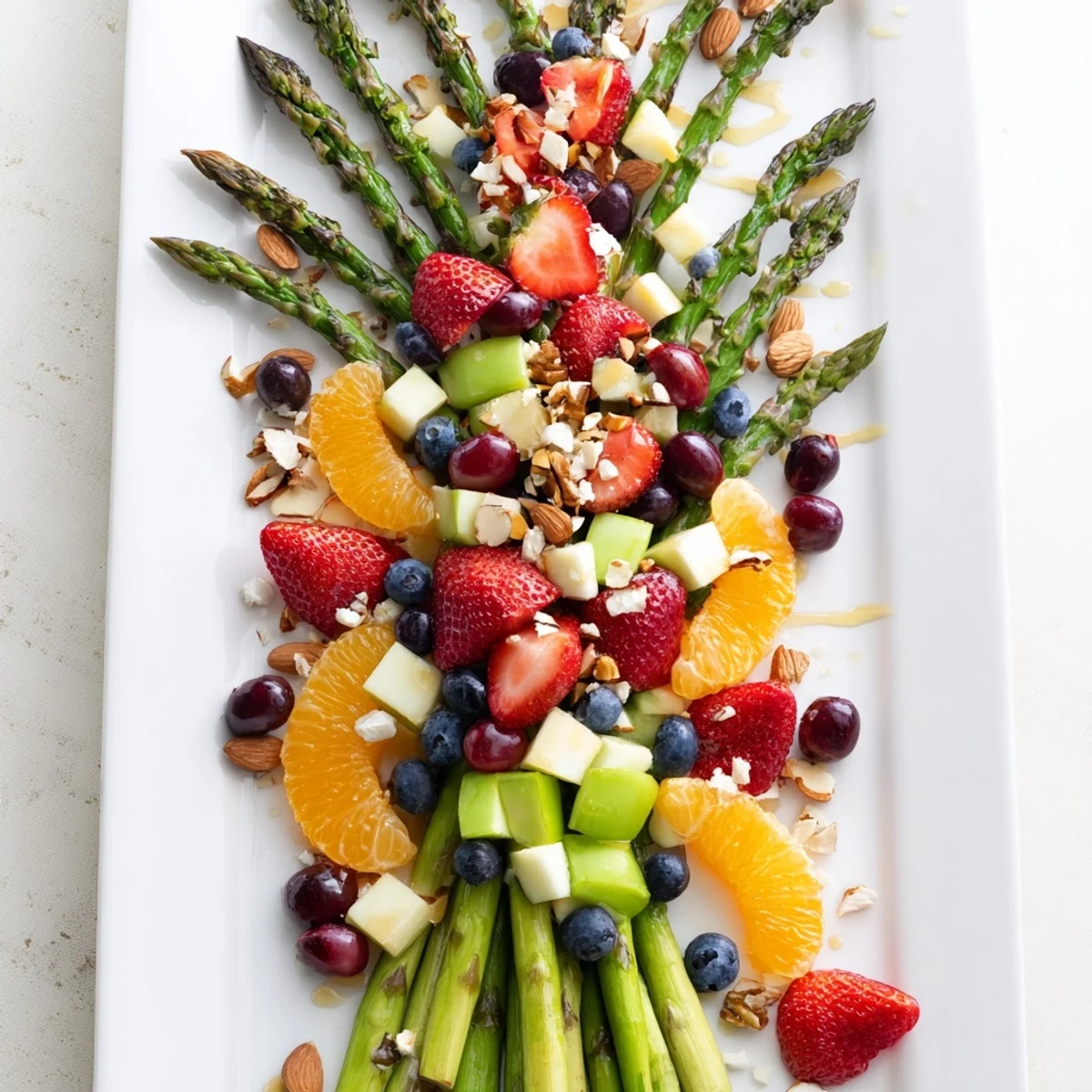 Asparagus Stem Floral Fruit Board bursting with fresh, colorful fruits ready for a spring appetizer.