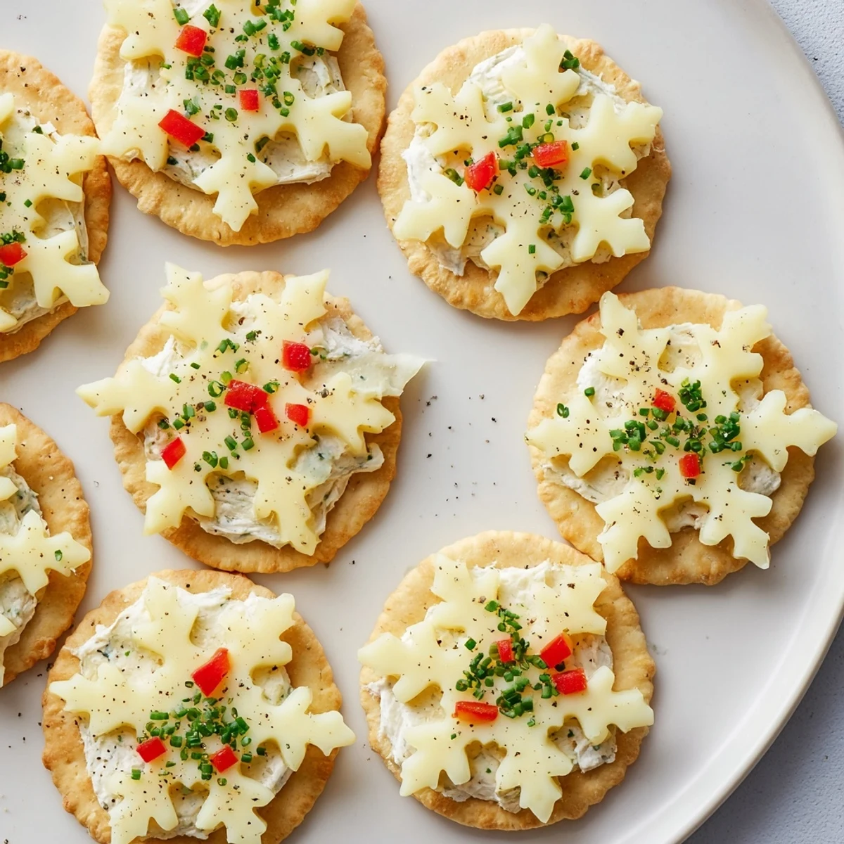 Fresh herbs and pepper embellish these easy, festive Cracker and Cheese Snowflake Bites, ideal for holiday entertaining.