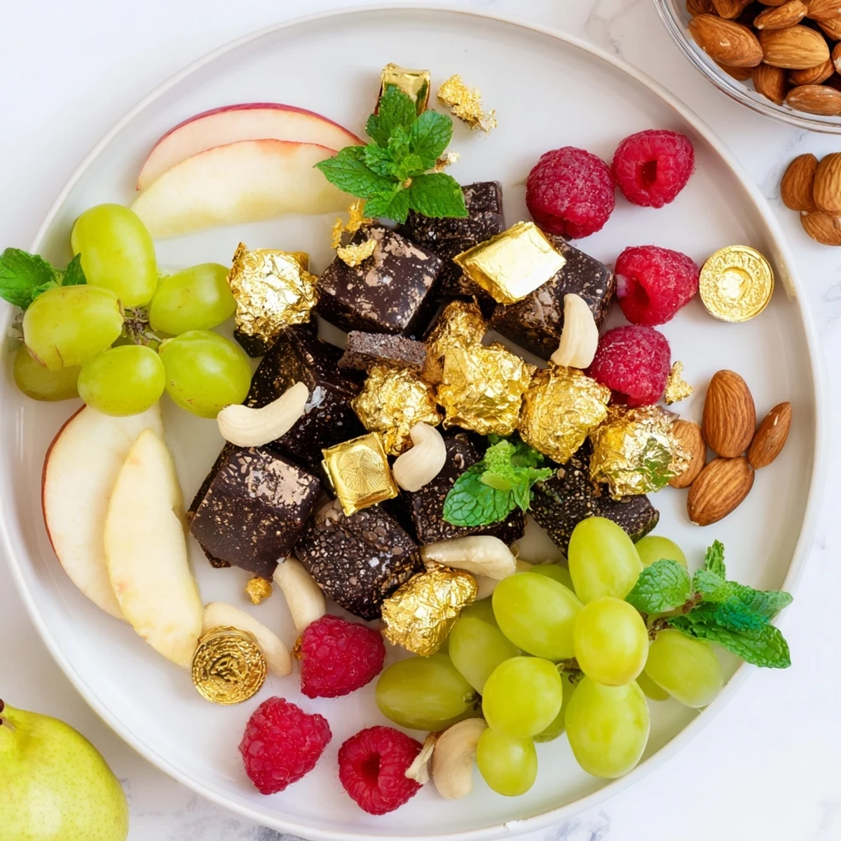 Festive New Years Gold Foil Wrapped Chocolate Board, a stunning dessert with fresh fruits and nuts.