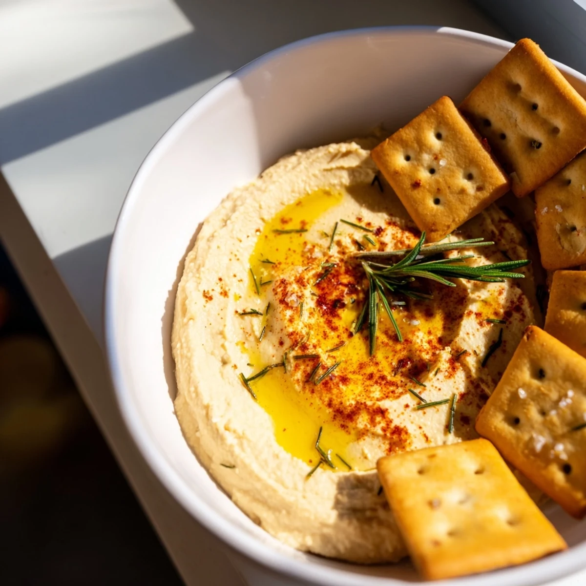 A close-up shot of crispy Holiday Crackers with fresh rosemary and a bowl of delicious hummus.