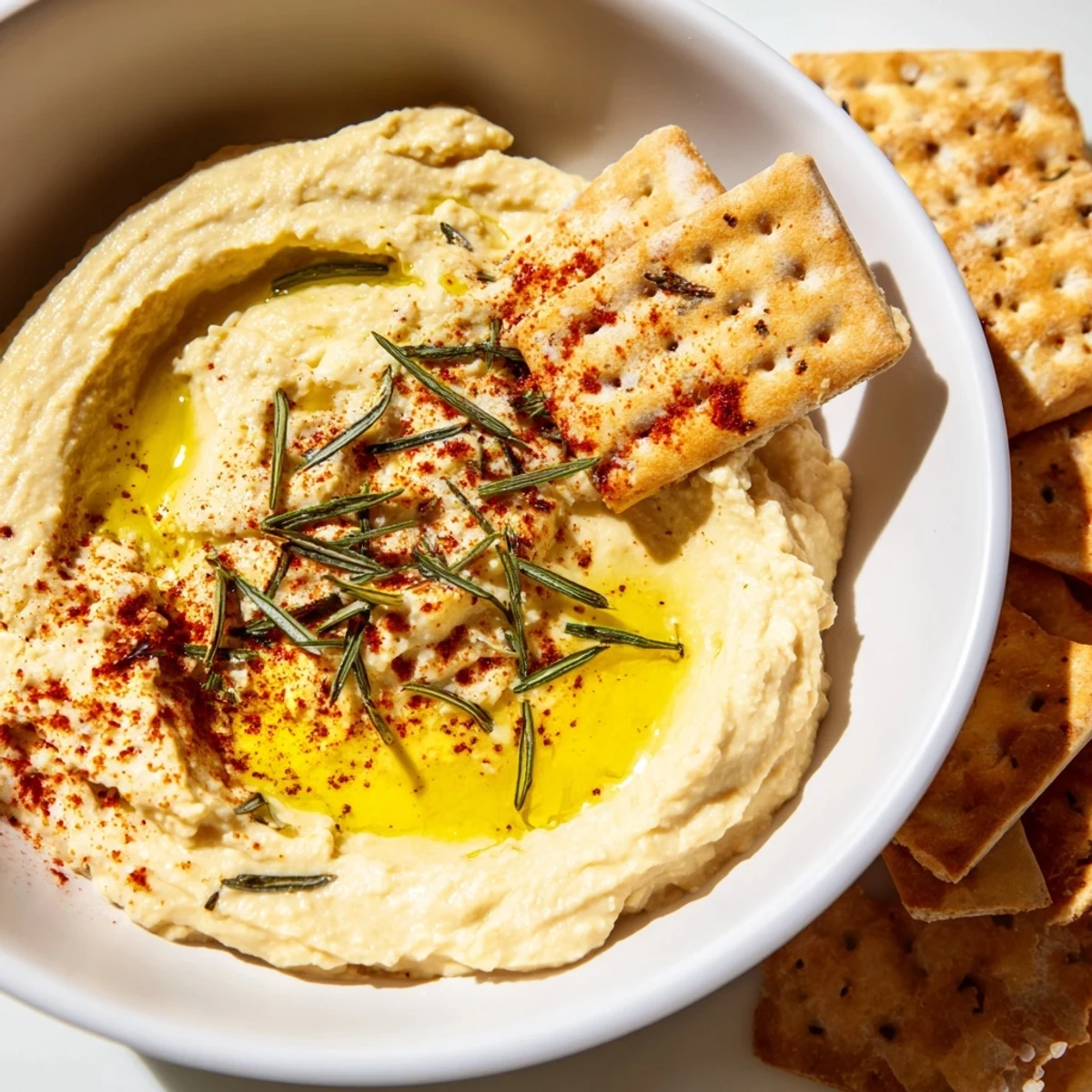 Enjoy a festive appetizer: the classic pairing of Holiday Crackers with homemade hummus, perfect for sharing.