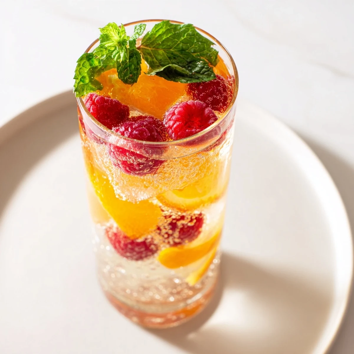 Close-up of Sparkling Juice with Raspberries, showing bright red raspberries floating in bubbly juice.