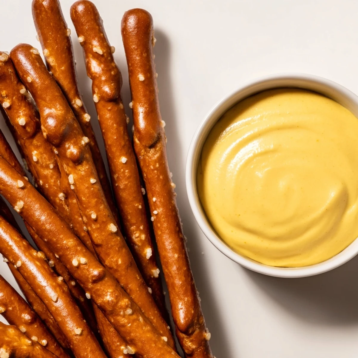 Golden pretzel rods served alongside a creamy, spicy hot mustard dip, perfect appetizer.