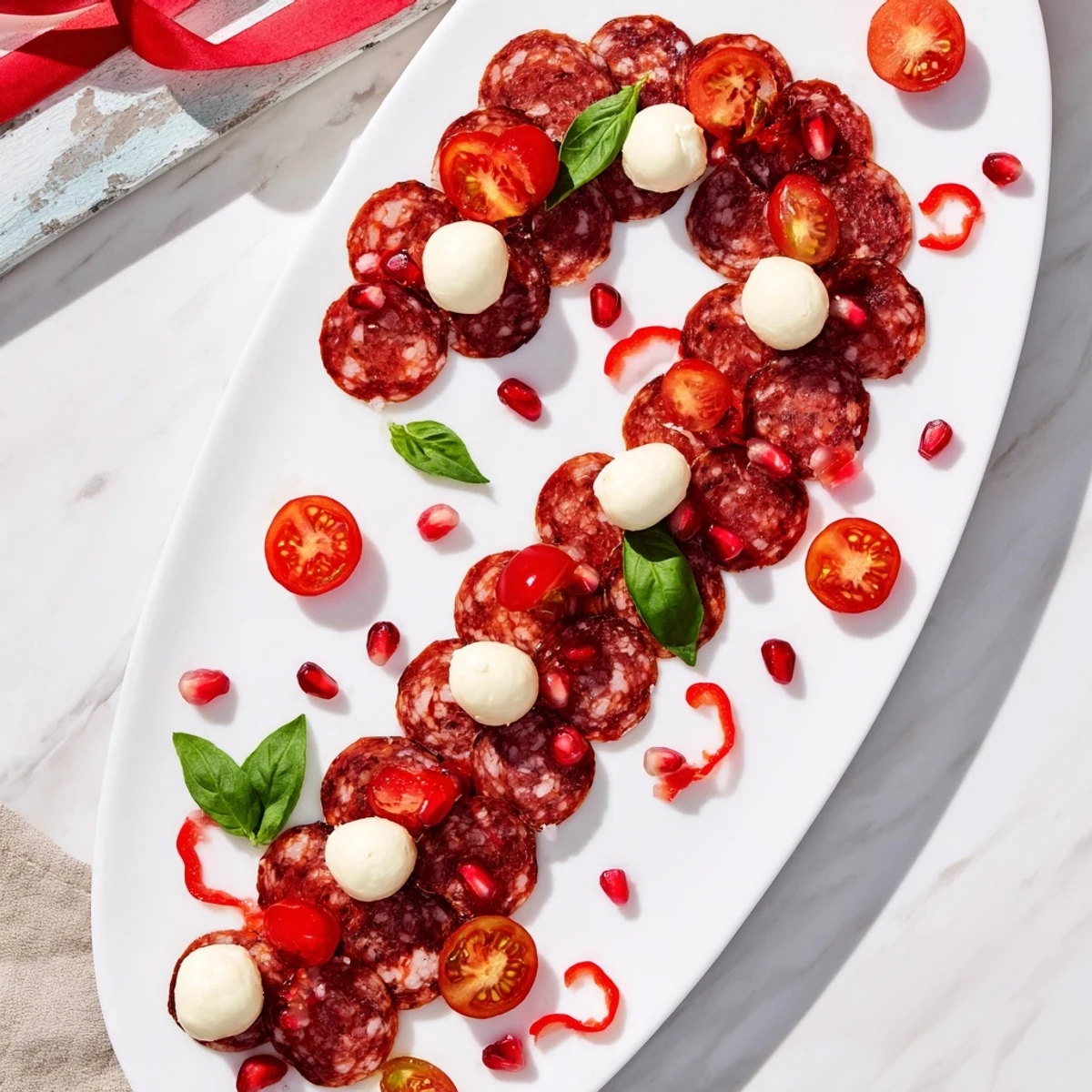 Delicious Candy Cane Zigzag appetizer, showcasing cheese, meats, and colorful accompaniments for holiday cheer.
