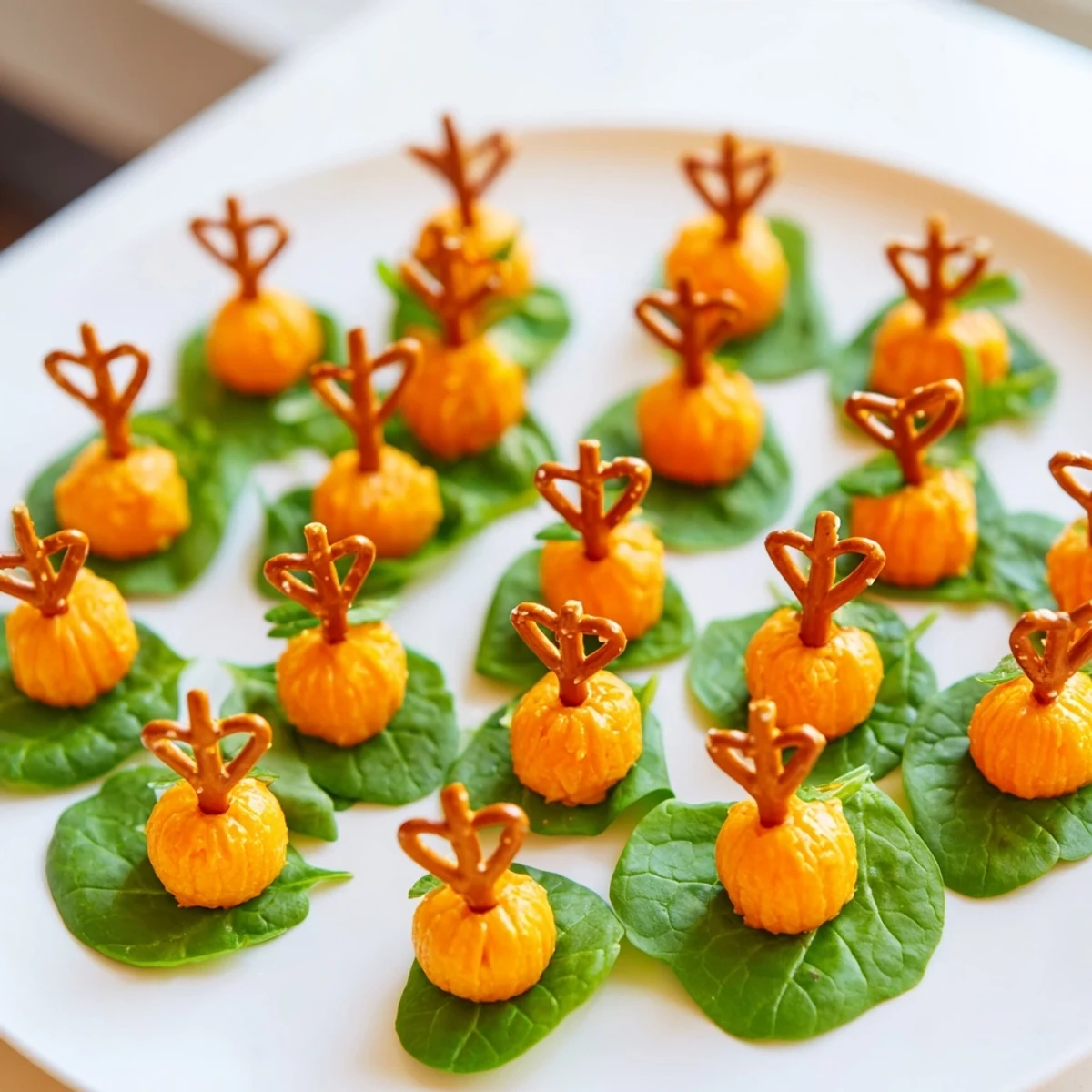 Close-up of the easy-to-assemble Pumpkin Patch Grid appetizer with pretzel stems for a festive treat.