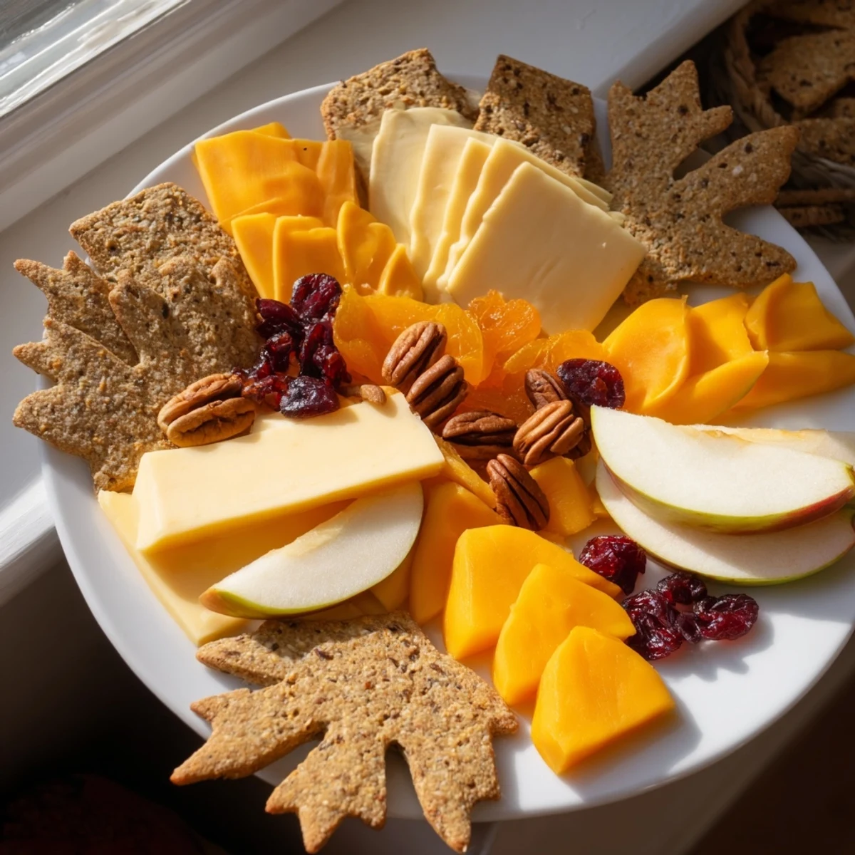 Thanksgiving Leaf Fall snack board with fall colors, cheeses and dried fruits arranged in charming leaf shapes.