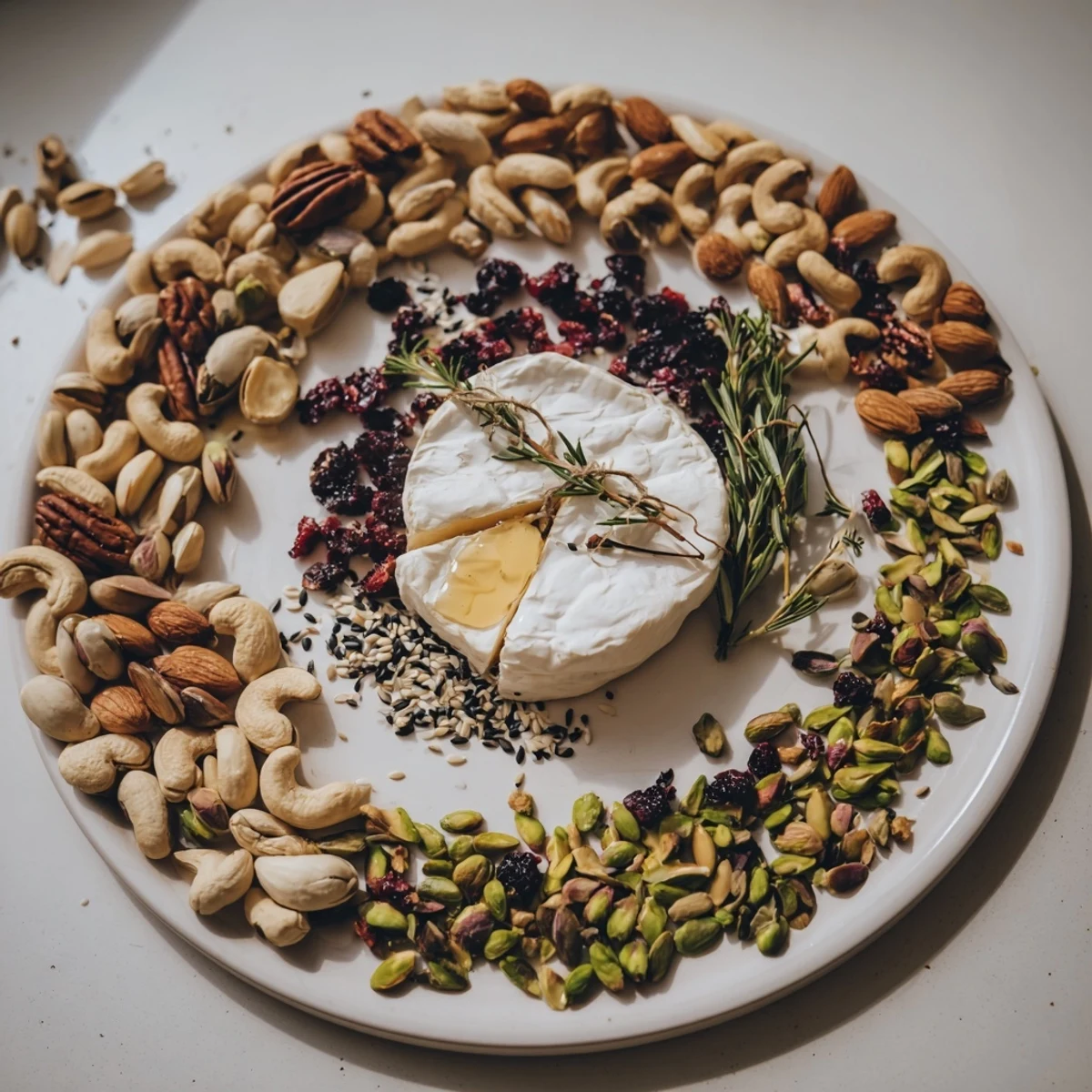 A beautiful, winding The Labyrinth appetizer with colorful nuts and seeds surrounding soft cheese.