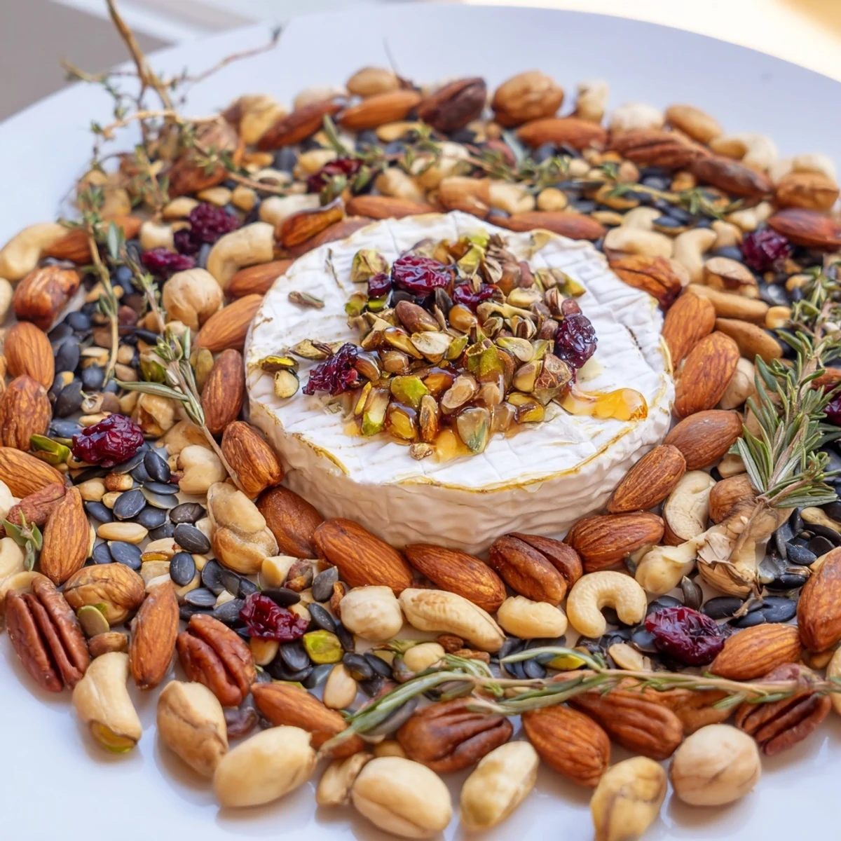 Vibrant image of The Labyrinth, a grazing board with nuts, seeds, and the prize: a cheese wheel.