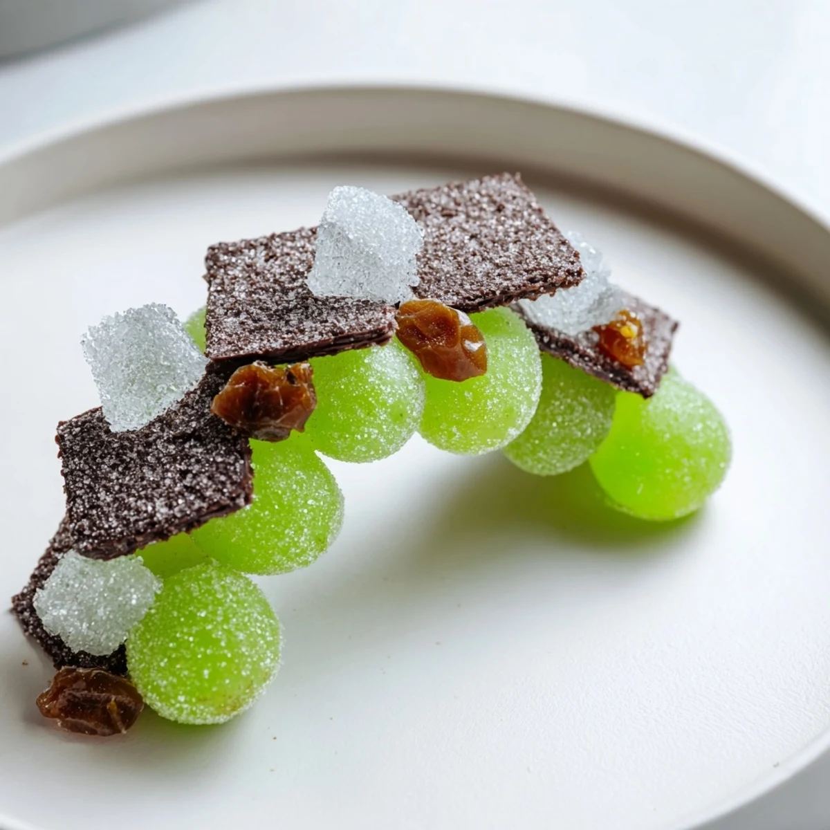 Sugared green grapes and rock candy sparkle inside a dark chocolate cracker "Crystal Cave" dessert.
