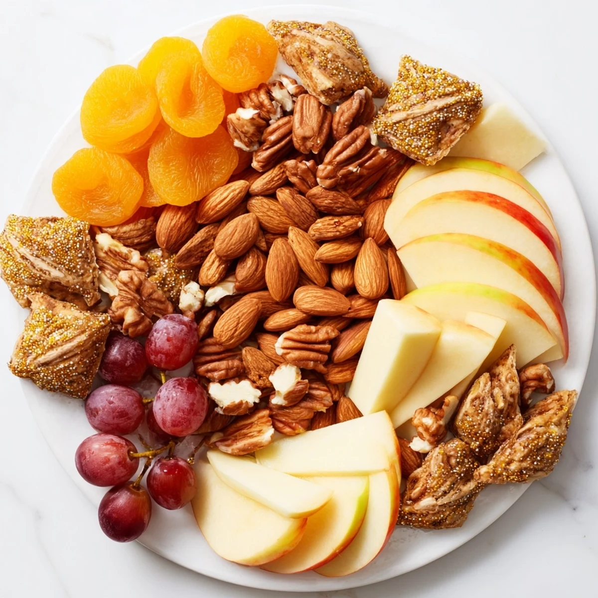 A beautiful The Gilded Acorn charcuterie board displays golden almonds, cheeses and fruits for a party.