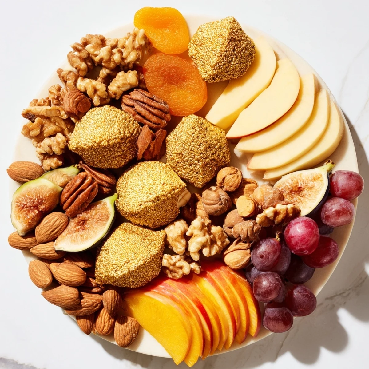 Gather your friends! This The Gilded Acorn appetizer arrangement includes cheese, fruit, and delectable golden almonds.