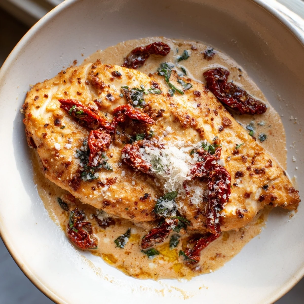Creamy Marry Me Chicken dish featuring tender chicken breasts coated in sun-dried tomato sauce.