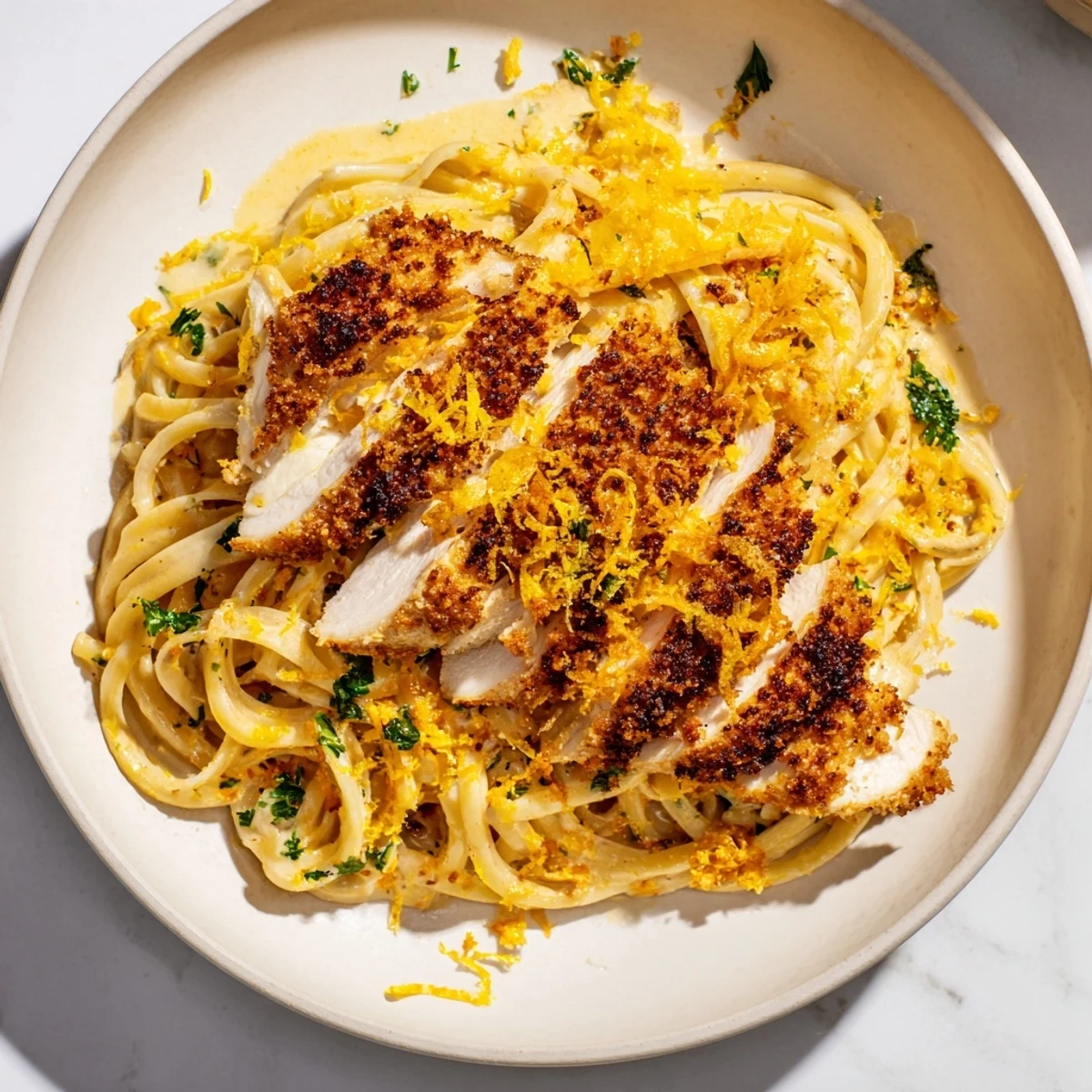 A close-up reveals the caramelized sugar crust of the lemon brûlée chicken in this pasta recipe.