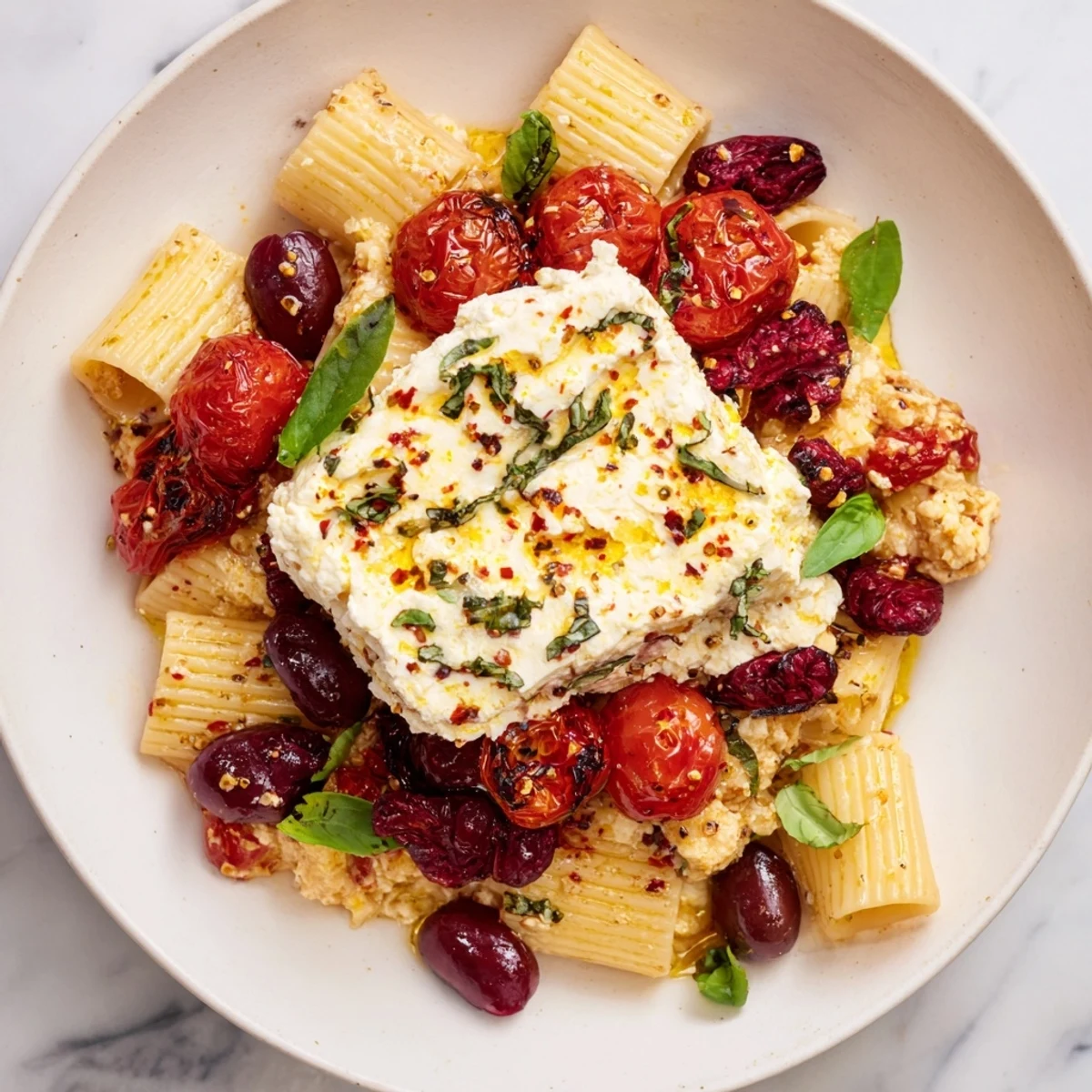 Creamy Baked Feta Pasta with cranberries, bursting tomatoes, and fresh basil, ready to eat.