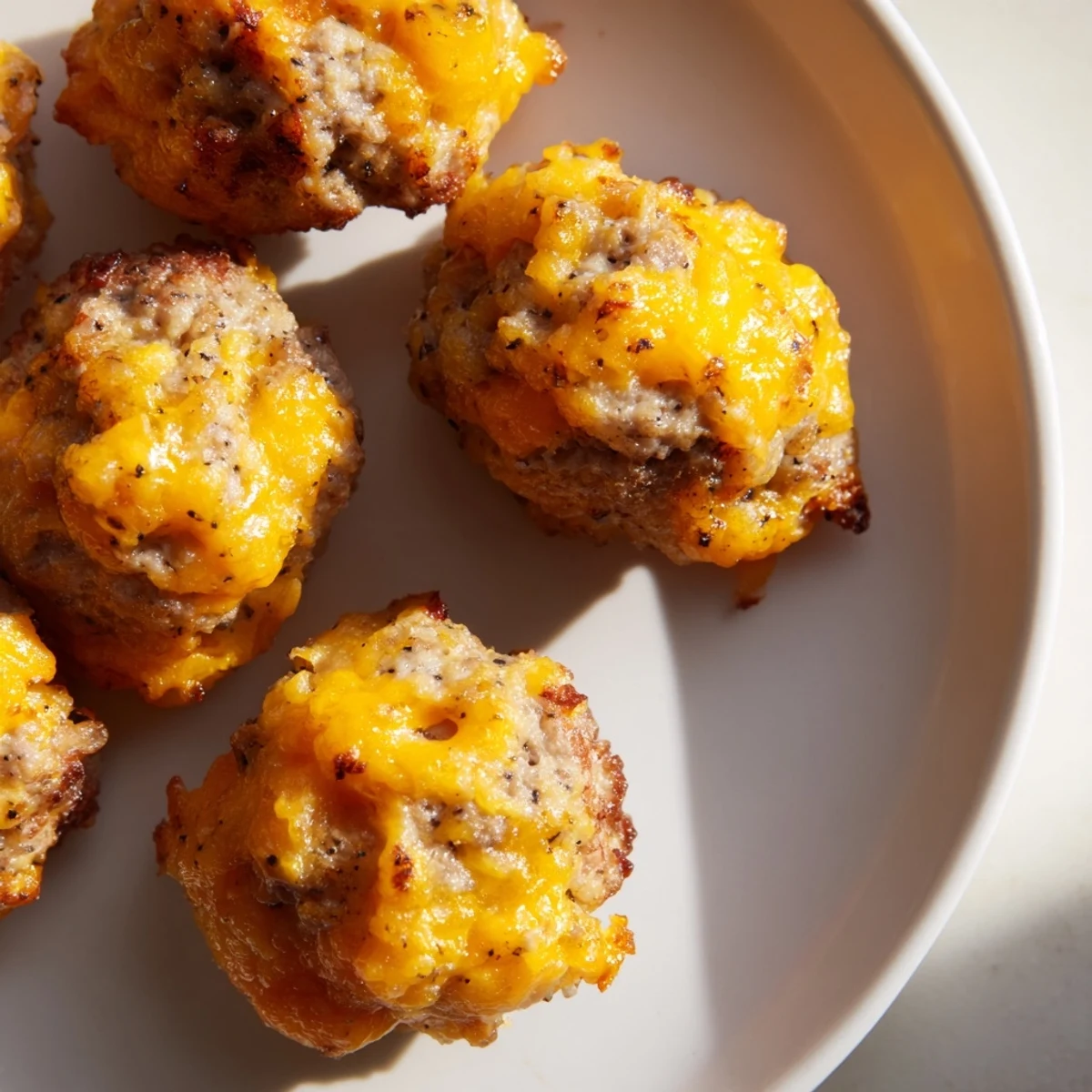 Golden-brown chicken and sausage Bisquick balls, a savory appetizer ready to enjoy hot.