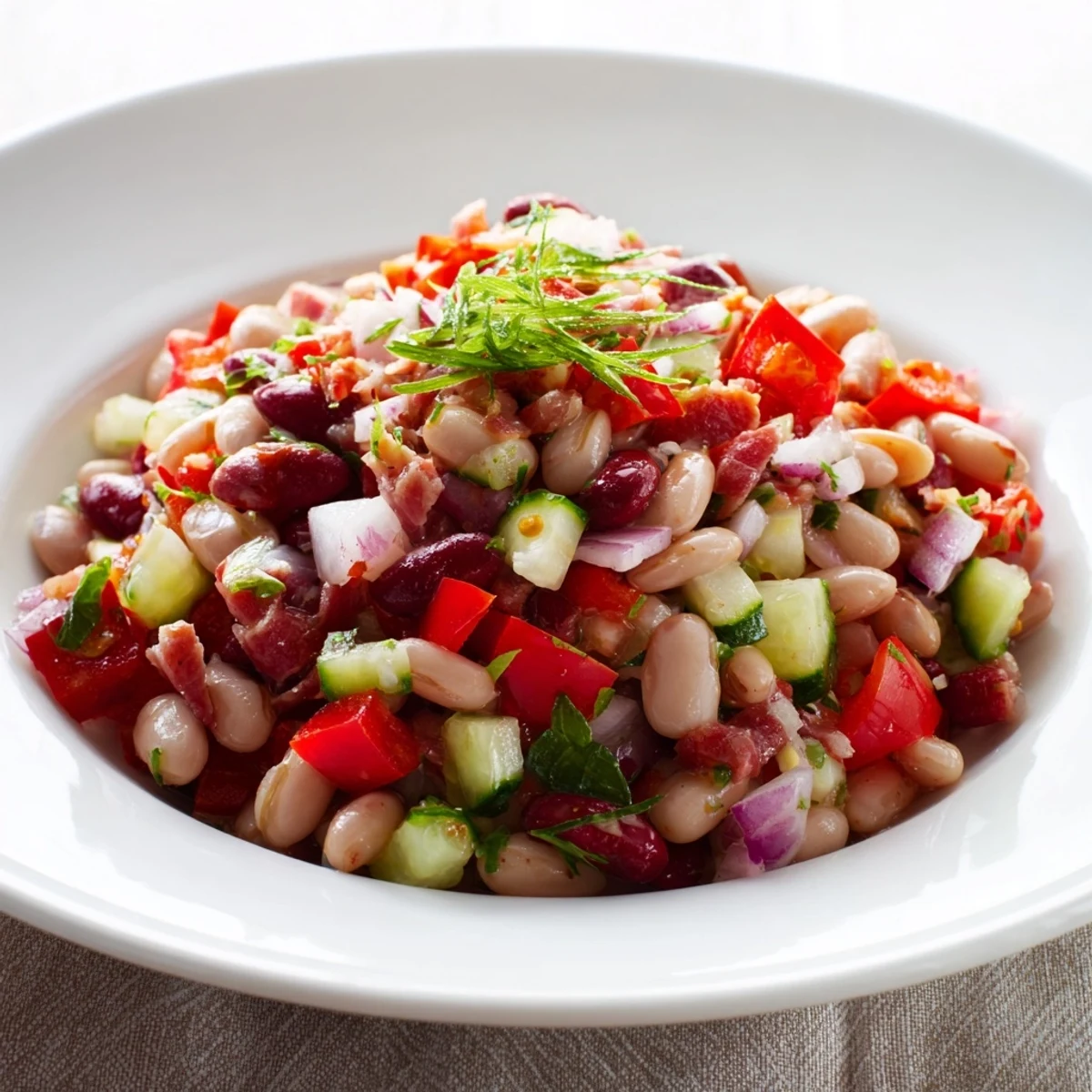 Tossed ingredients showcase a creamy, chilled Dense Bean Salad with layers of prosciutto and zesty dressing.