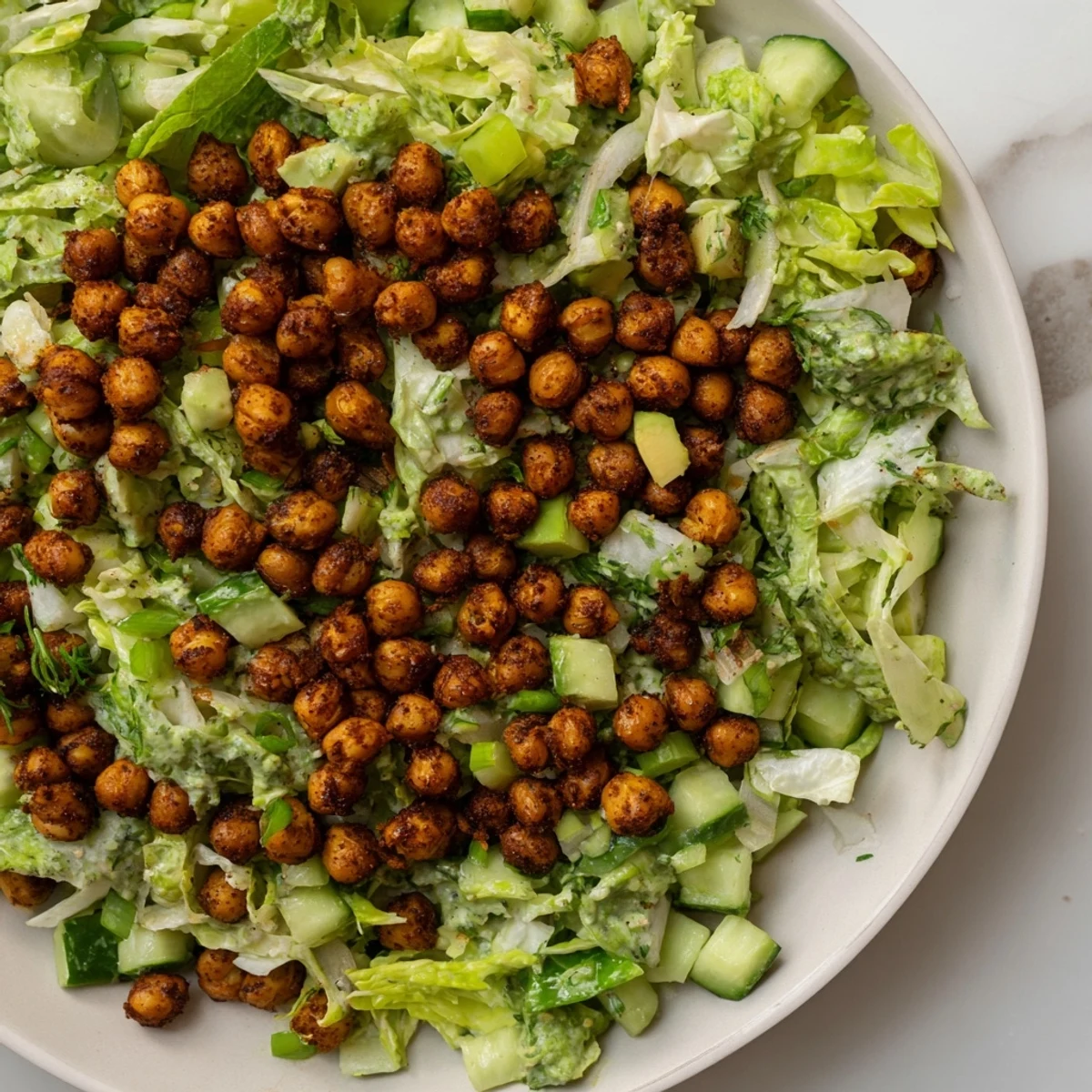 Vibrant Green Goddess Salad with Crispy Chickpeas, a satisfying vegetarian meal with crunchy chickpeas.