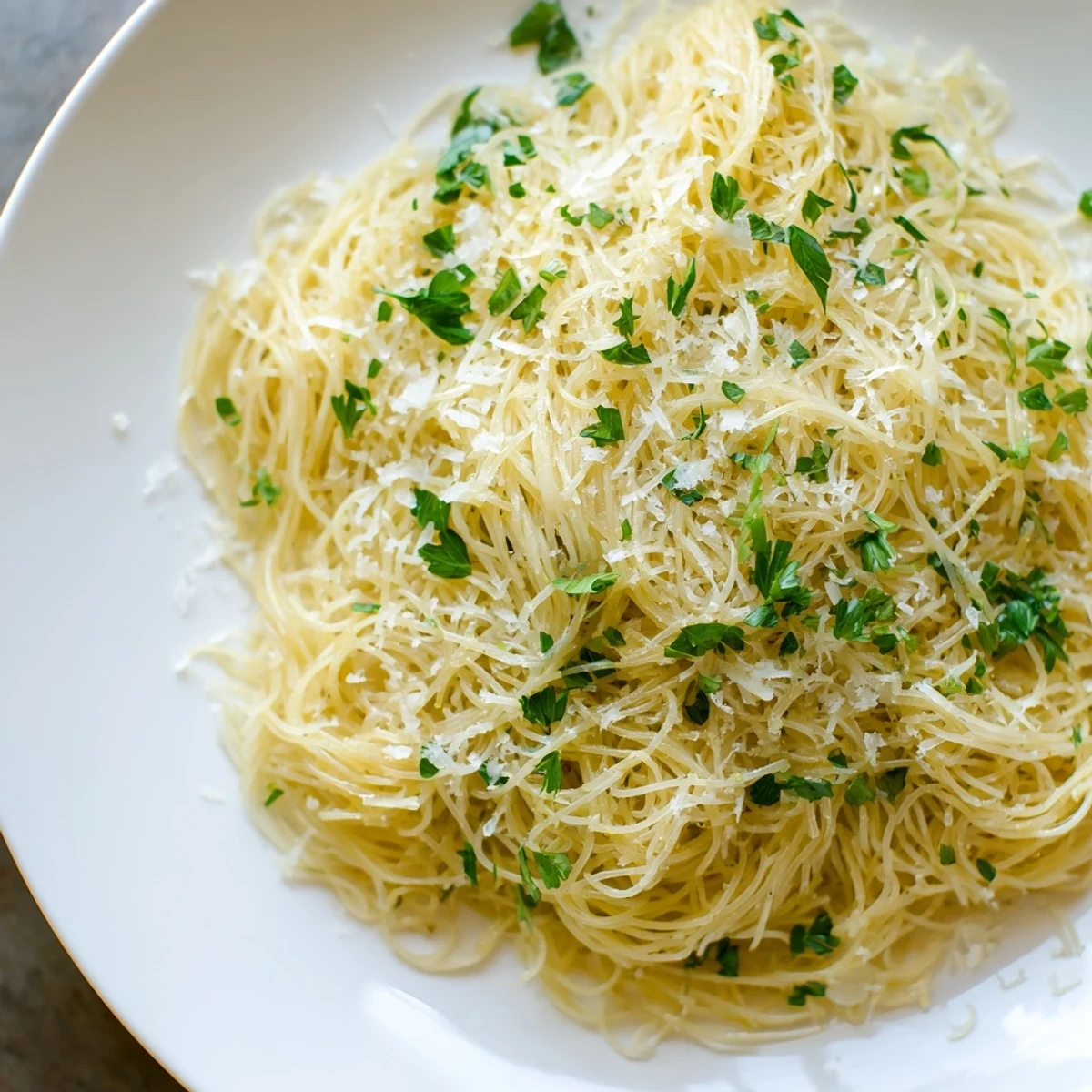 A bowl of delicious Lemon Capellini: angel hair pasta coated in a vibrant lemon sauce, delicious!