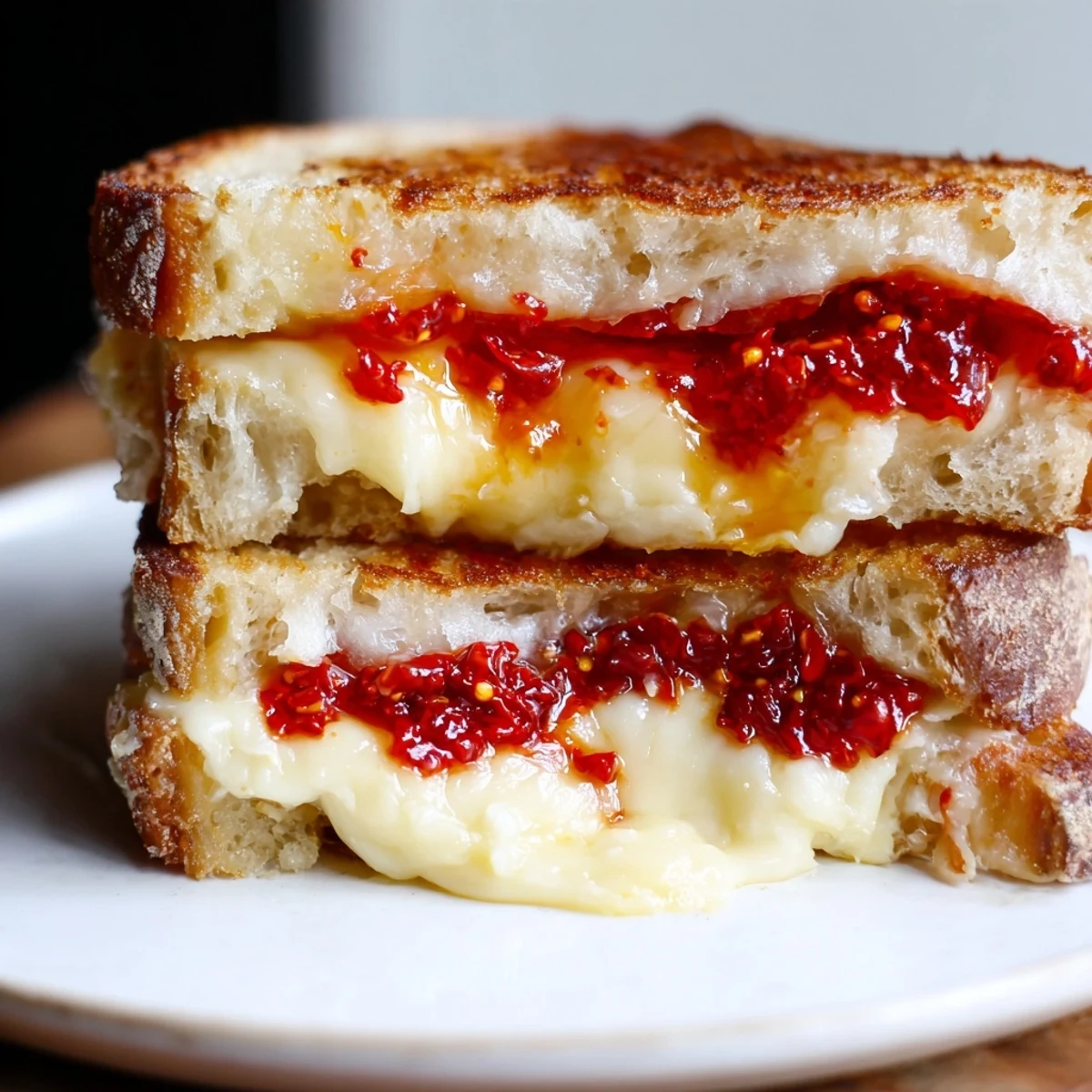 A close-up of a decadent Brie and Chili Crisp Grilled Cheese, showcasing melted cheese and toasted bread.