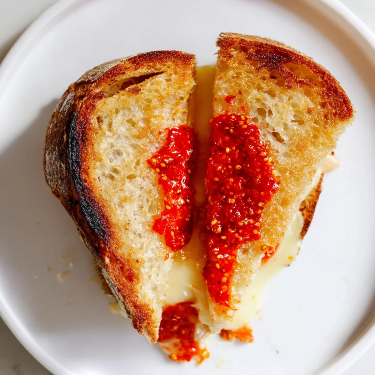 Golden, crispy Brie and Chili Crisp Grilled Cheese, oozing melted brie with spicy chili crunch inside.