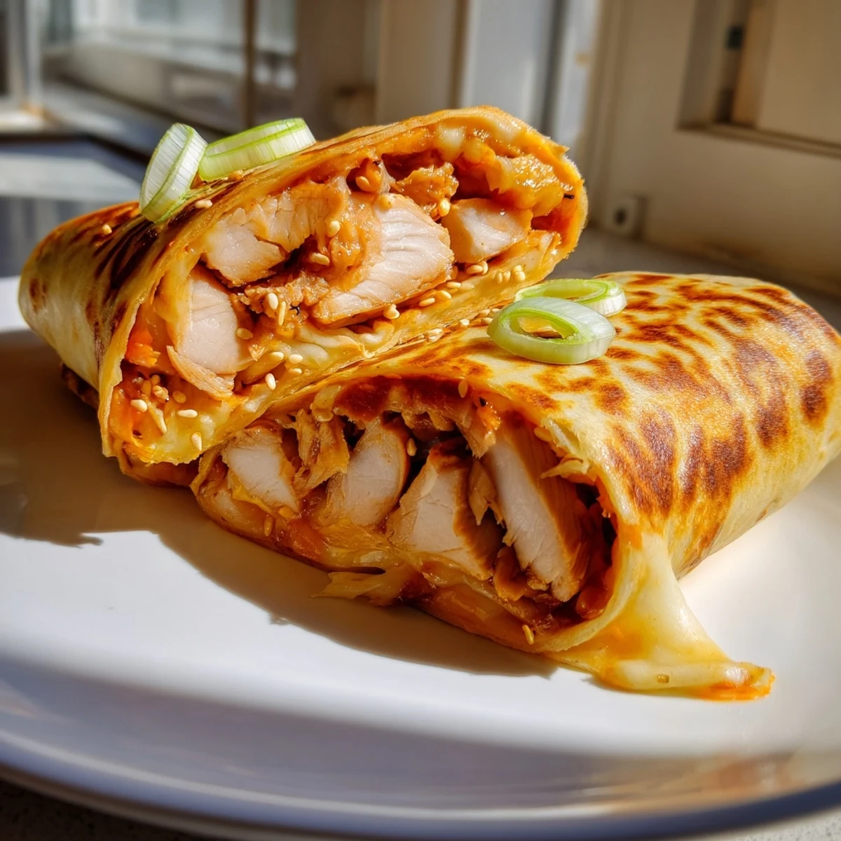 Golden, crispy Korean BBQ Chicken Wrap Grilled Cheese, bursting with savory chicken and melted cheese.