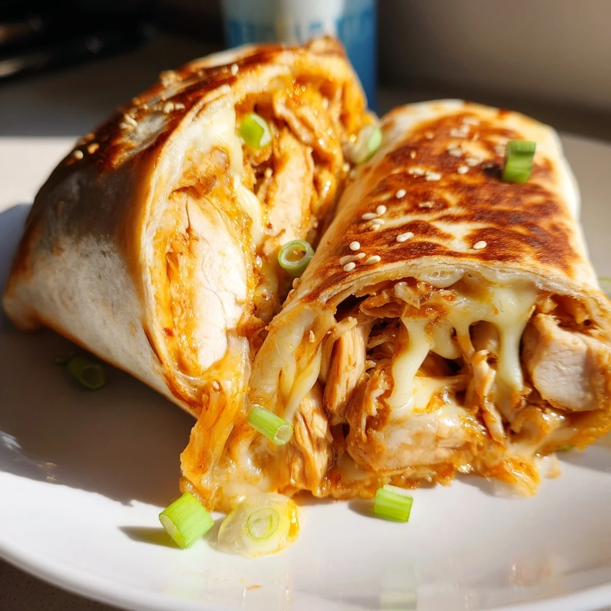Close-up of a perfectly grilled Korean BBQ Chicken Wrap Grilled Cheese, showcasing melty cheese and tender chicken.