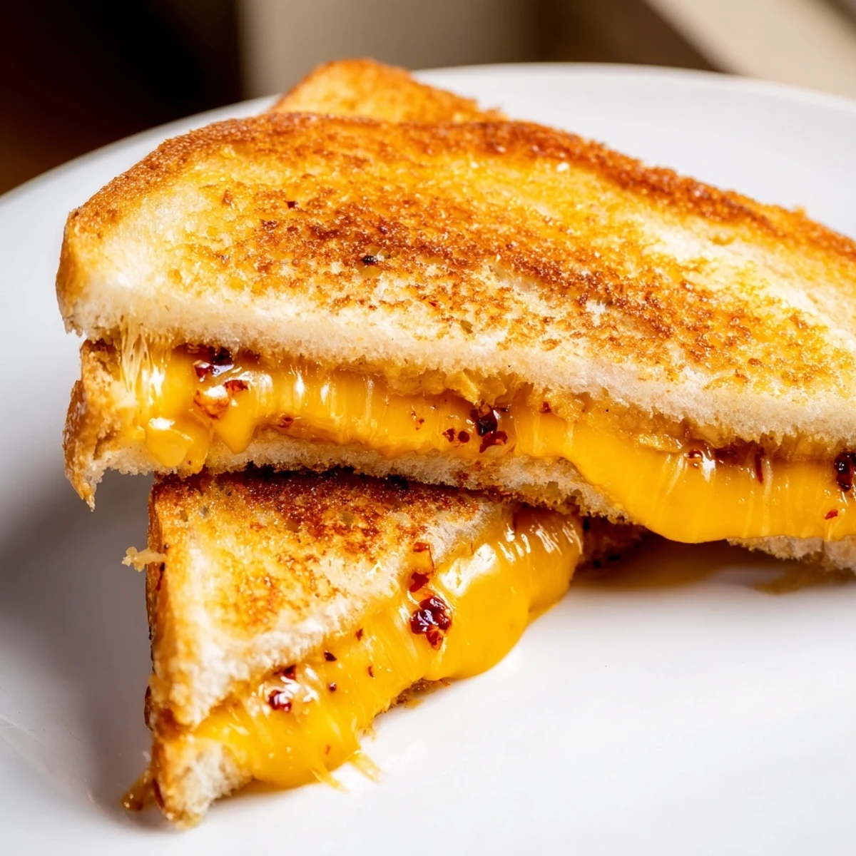 Close-up of a perfectly toasted Honey Chipotle Butter Grilled Cheese oozing melted cheddar, a flavorful sandwich.