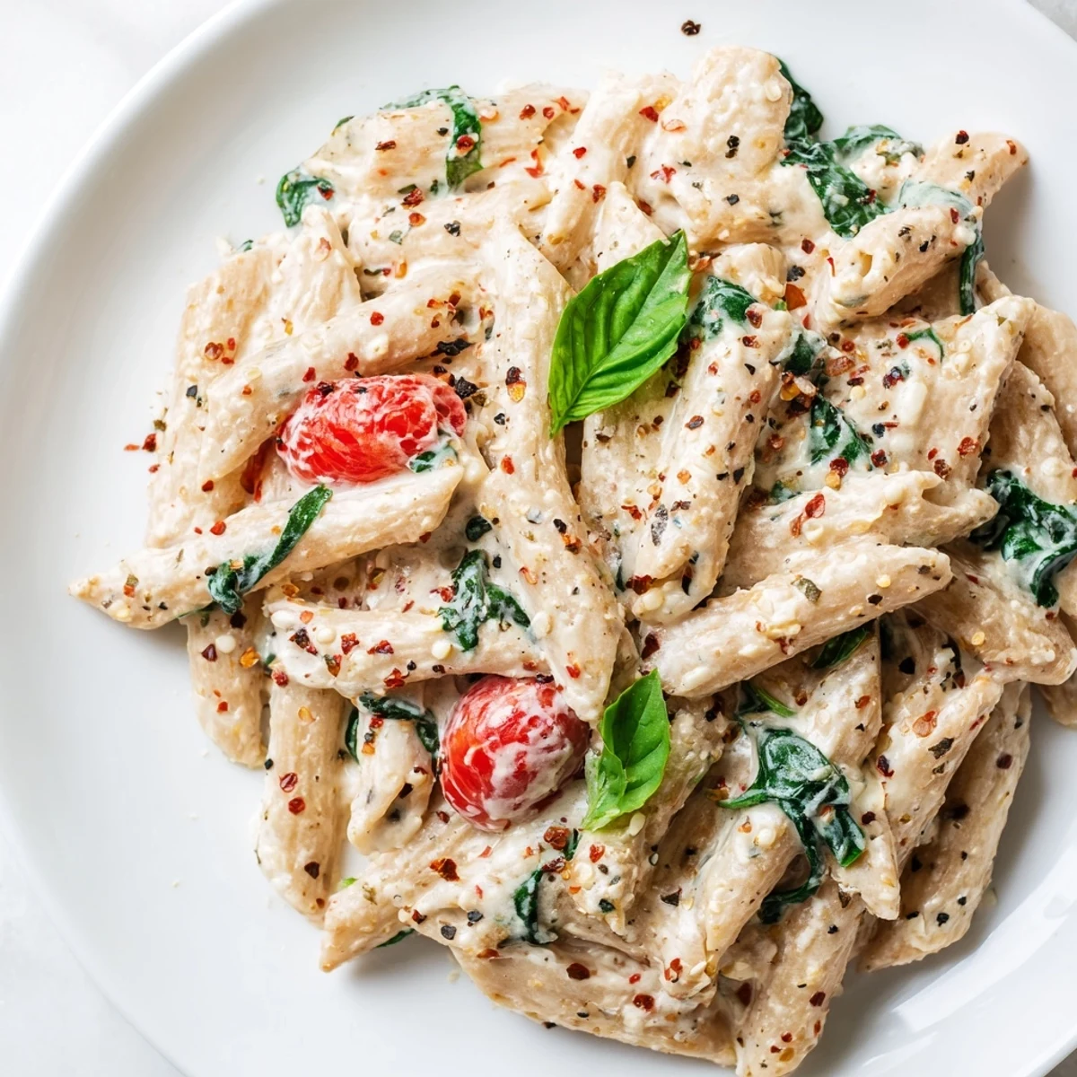 A bowl of creamy cottage cheese high-protein pasta, garnished with fresh basil, steaming enticingly.