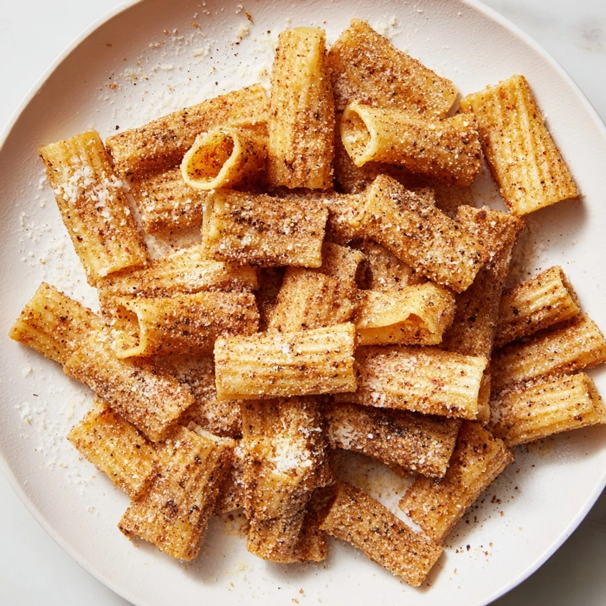 These homemade Parmesan pasta chips are crispy, bite-sized, and tossed with flavorful spices.