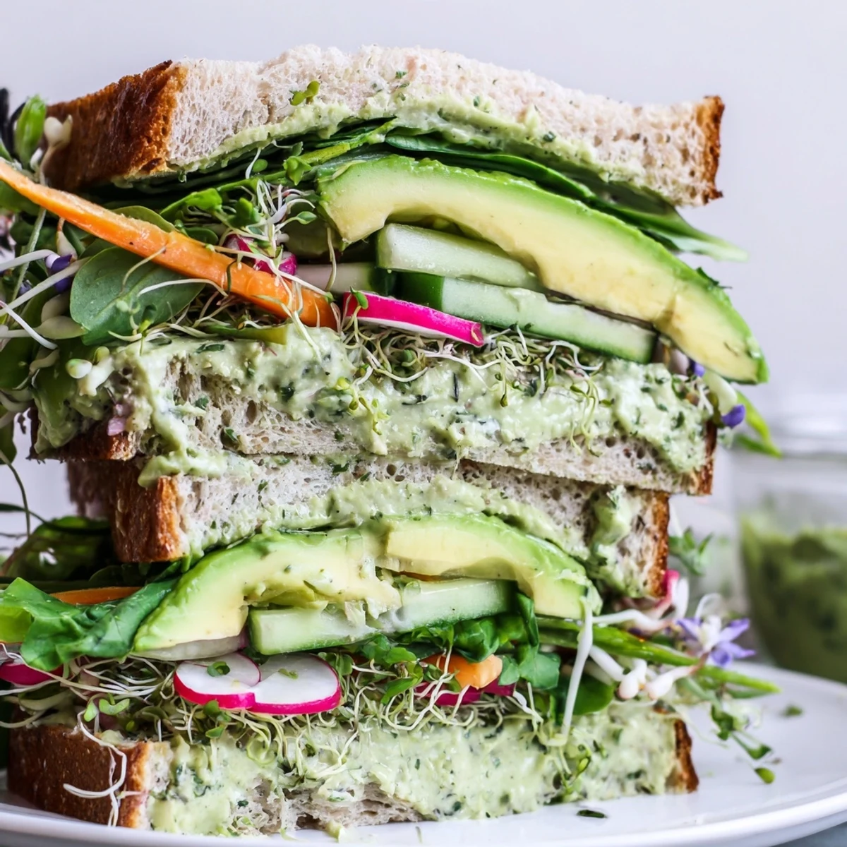A close-up of a halved Green Goddess Sandwich, revealing layers of fresh ingredients and flavorful spread.