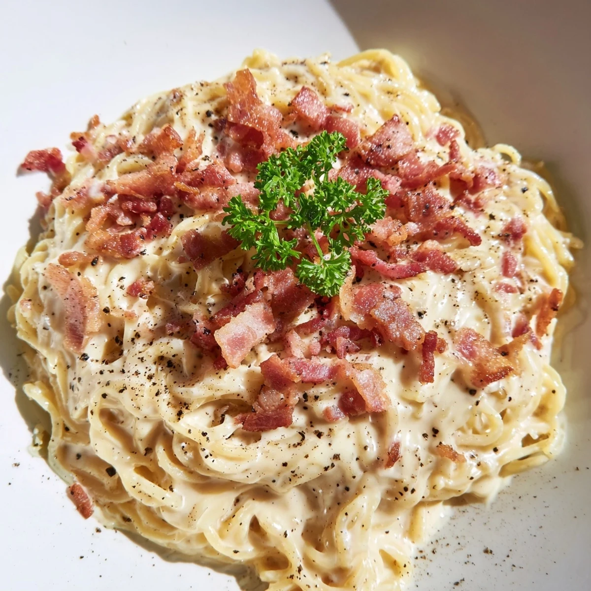 Creamy Ramen Carbonara hack, a bowl of noodles glistening with rich sauce and bacon pieces.