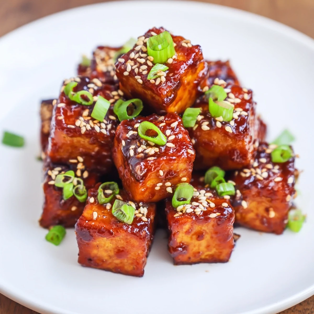 Golden, crispy Honey Gochujang Tofu glistening with a sweet and spicy glaze ready to enjoy.