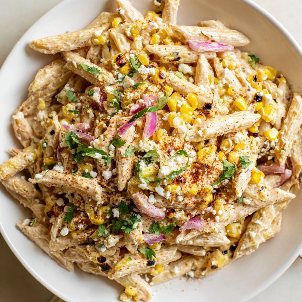 A delicious bowl of Mexican Street Corn Pasta, showcasing creamy pasta salad textures and vibrant colors.