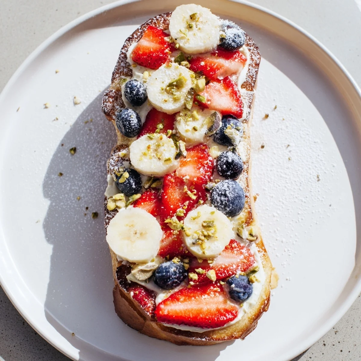Golden brown Viral Yogurt Toast, topped with fresh fruit creating a visually appealing breakfast.