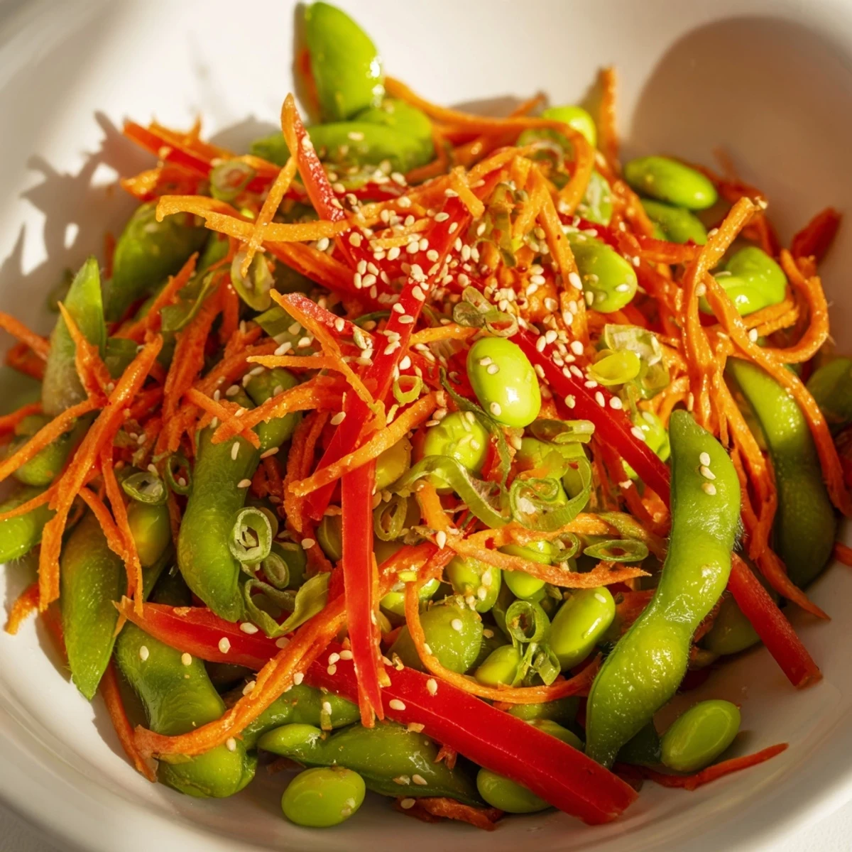 A colorful Asian Edamame Salad boasts bright green edamame and crunchy red pepper; served chilled.