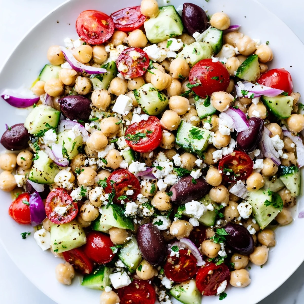 Vibrant Mediterranean Chickpea Salad, drizzled with lemon dressing, full of delicious, healthy ingredients ready to eat.