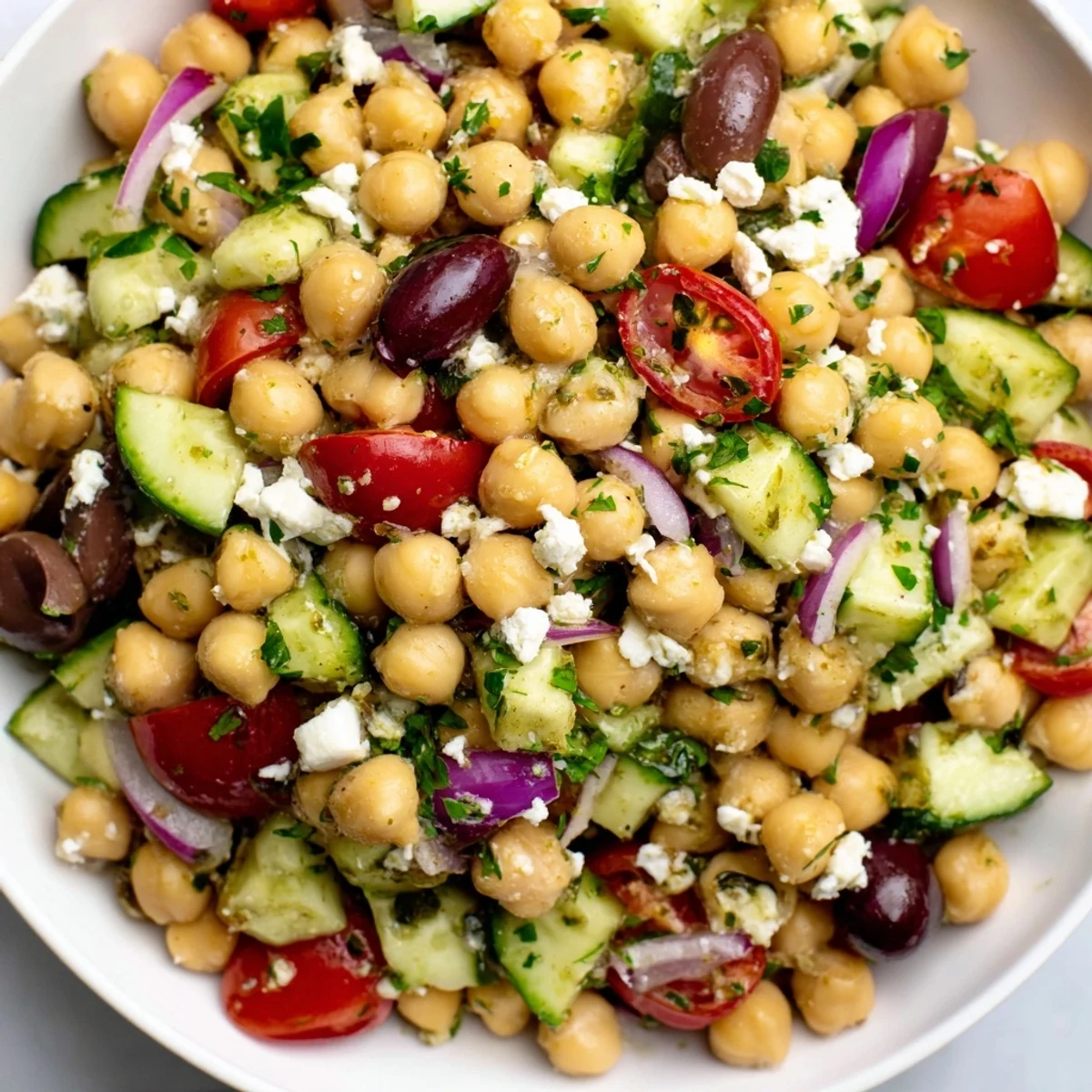 Close-up of a refreshing Mediterranean Chickpea Salad, showcasing juicy tomatoes, olives, and crumbled feta cheese.