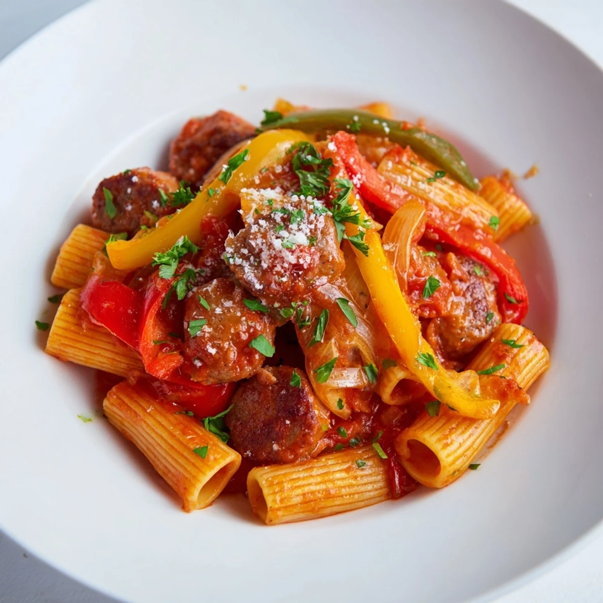 Close-up of a rustic plate filled with Sausage and Peppers Pasta, ready to savor and enjoy.
