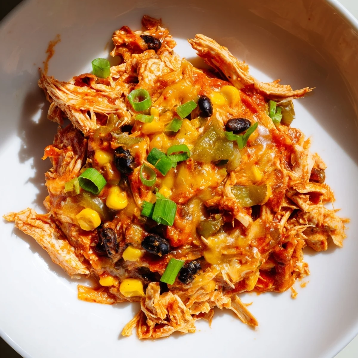 A steaming skillet of Chicken Enchilada Skillet, with melted cheese and fresh cilantro garnishing.