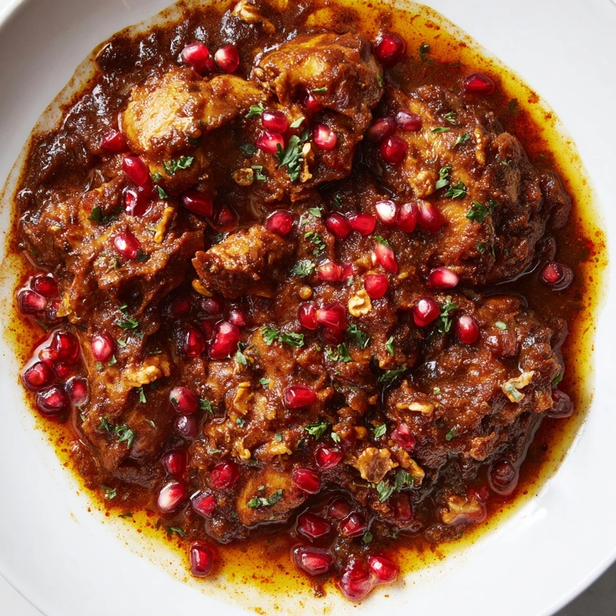 Fragrant Iranian Fesenjan Stew with a deep, glossy sauce, rich with walnuts and pomegranate flavor.