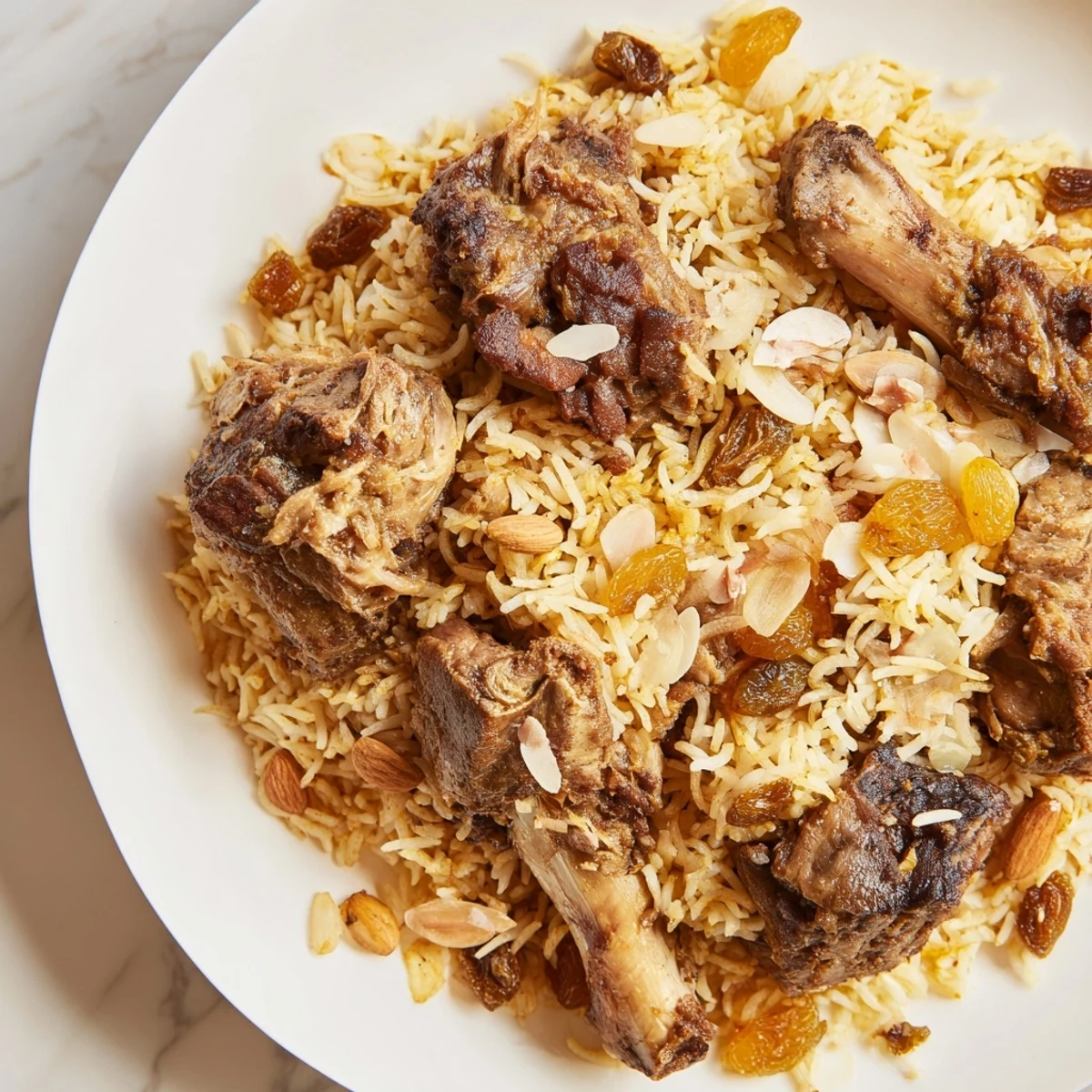 Fluffy, flavorful Saudi Kabsa Rice, featuring tender meat and aromatic spices, ideal for a festive meal.