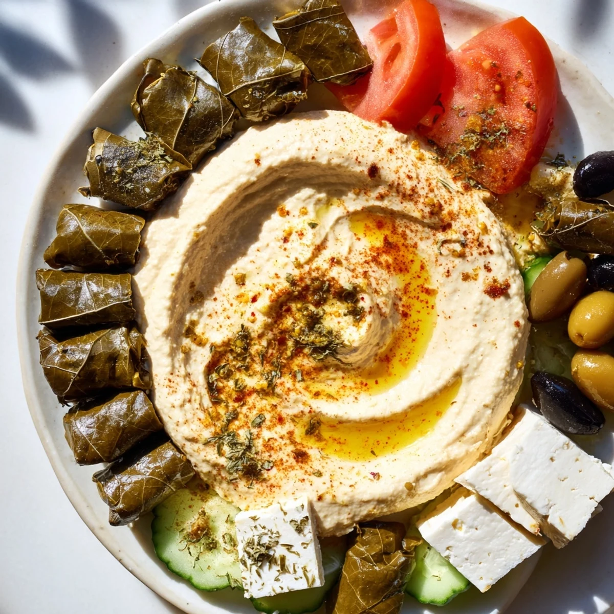 Turkish Meze Platter: A colorful spread of creamy hummus, cheeses, and olives, a feast for sharing.