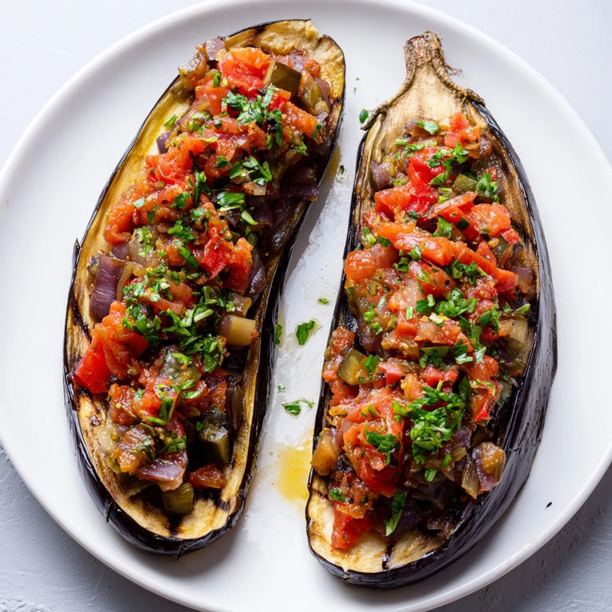 Golden, baked Imam Bayildi with tender eggplant halves overflowing with savory vegetable filling.
