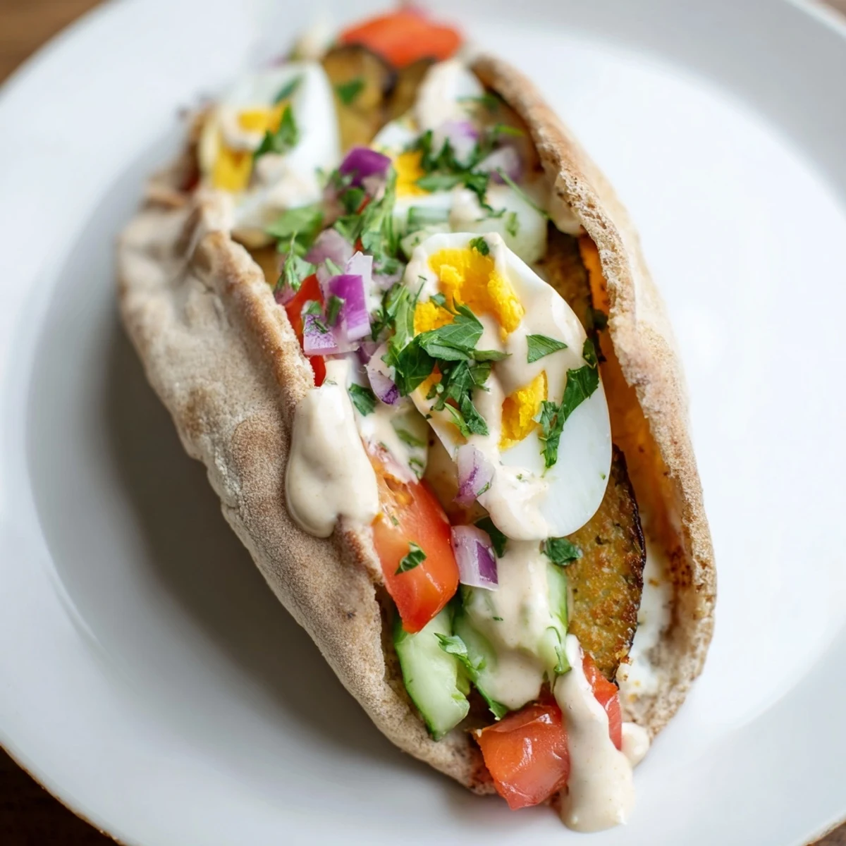 Golden-brown fried eggplant and a vibrant Israeli salad top this delicious Sabich pita sandwich.