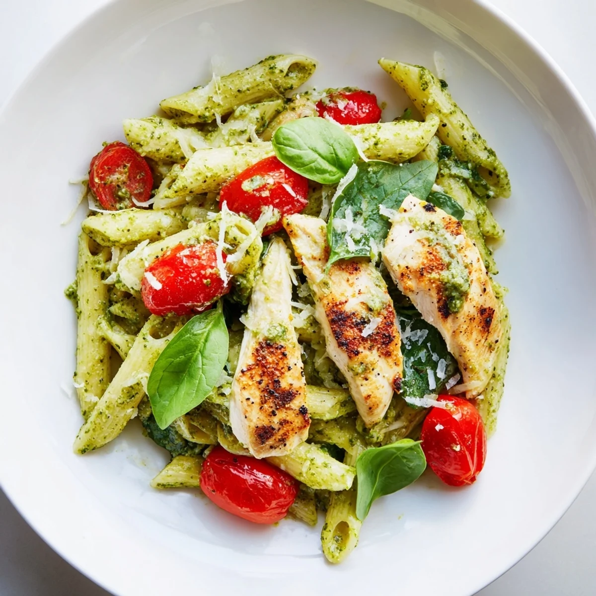Perfectly grilled Pesto Chicken Pasta with vibrant cherry tomatoes, ready to enjoy.