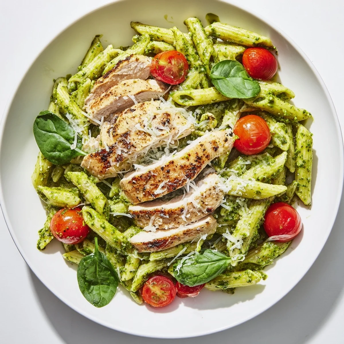 Creamy, basil-infused Pesto Chicken Pasta served with fresh parmesan and fragrant basil garnishes.