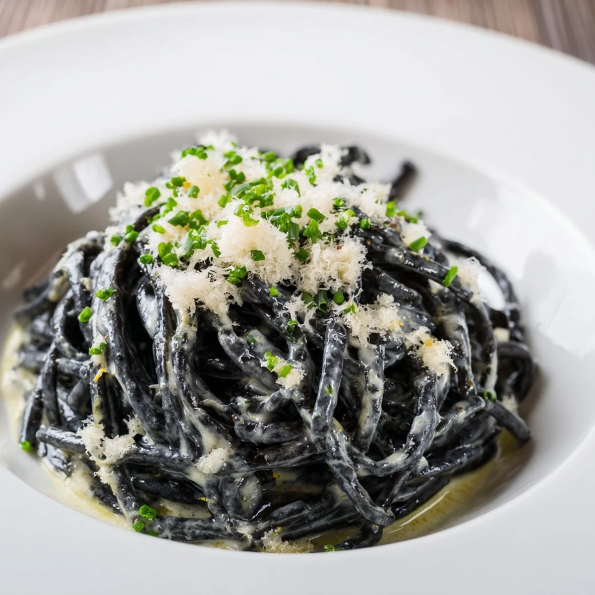 Elegantly plated Squid Ink Pasta with its jet-black strands, a truly impressive pasta dish.