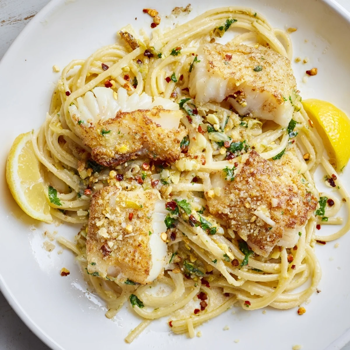 Golden, crispy flakes of fish mingle with pasta in this delicious Crispy Fish Pasta dish.