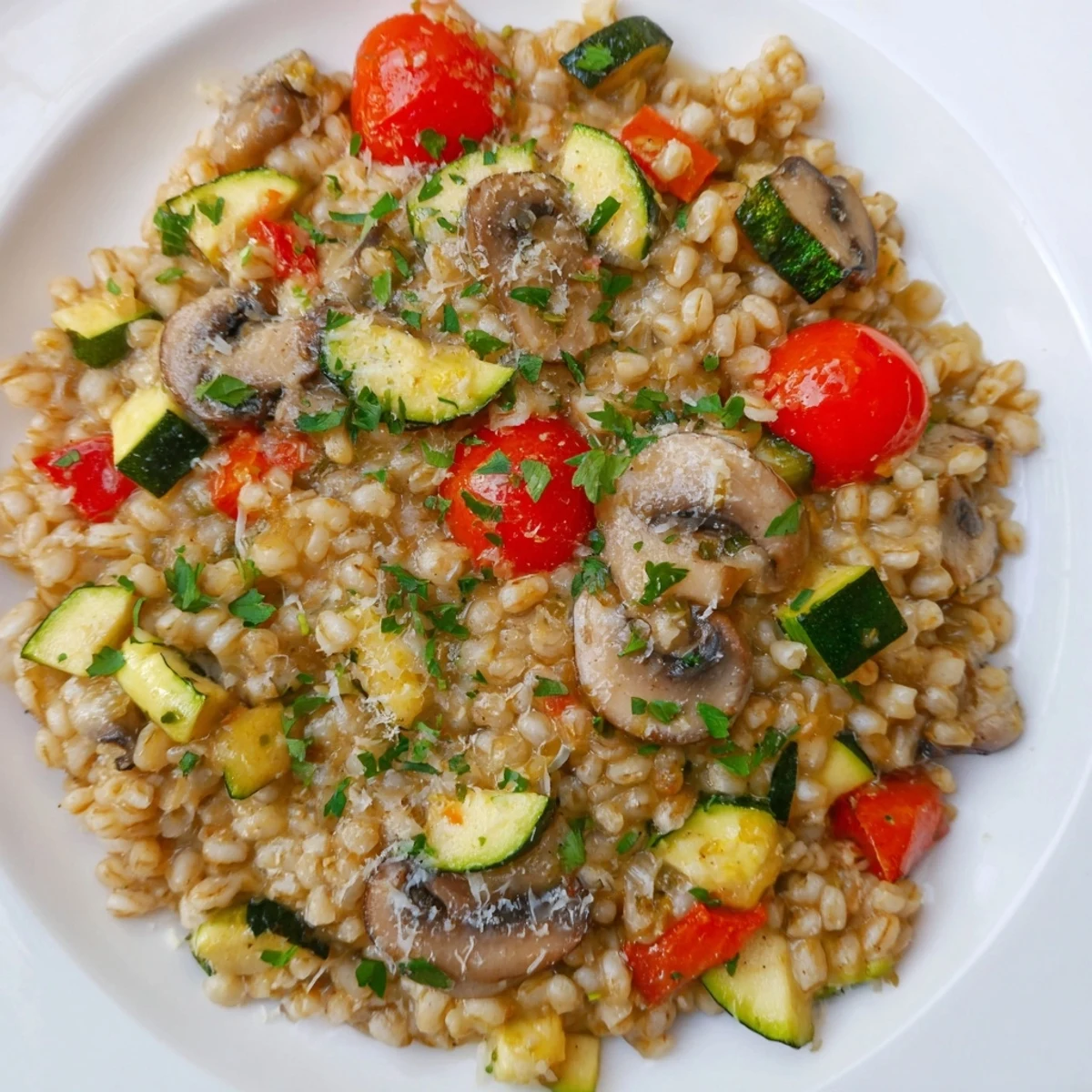 Creamy Pearled Barley Bowl, a wholesome vegetarian meal with roasted veggies and fresh parsley topping.